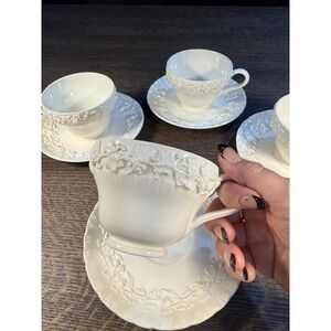 Vintage Wedgwood Embossed Queens Ware Creamware Cups and Saucers, Set of 4